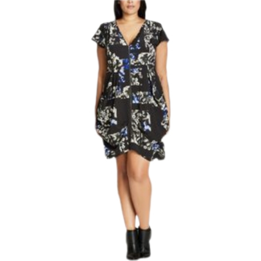 City Chic Black and Blue Floral Zip Up Dress XXL